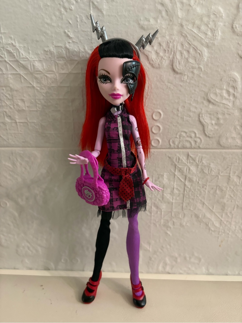 Red-Headed Fashion Doll in Pink Plaid Dress with Purple & Black Tights